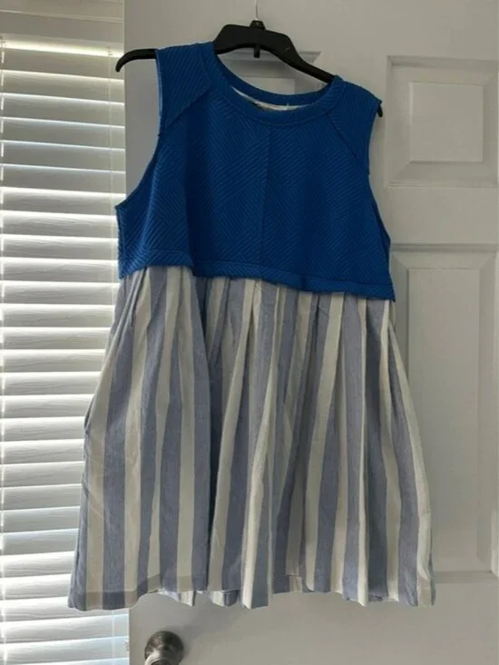 Women’s Blue & White Striped Sleeveless Dress with pockets - Picture 1 of 3